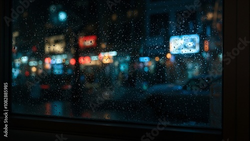 Cinematic caf window with neon reflections and raindrops