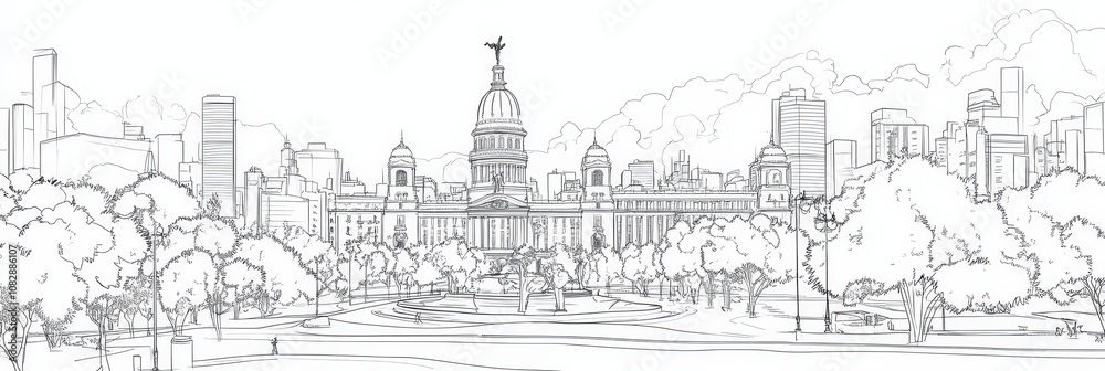 Fototapeta premium Elegant line art depicting Buenos Aires' iconic architecture, city buildings, and lush parklands. Symbolizing urban beauty, architectural design, nature, travel, and Argentina.