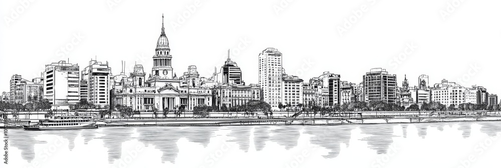 Elegant single-line drawing of Buenos Aires cityscape, featuring iconic architecture, waterfront, and city life. Captures Argentina's beauty. Elegant single-line drawing of Buenos Aires cityscape, featuring iconic architecture, waterfront, and city life. Captures Argentina's beauty.