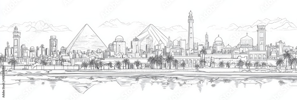 Fototapeta premium Elegant single-line drawing of Cairo's skyline, featuring pyramids, mosques, palm trees, and the Nile River. Captures Egypt's beauty and history.