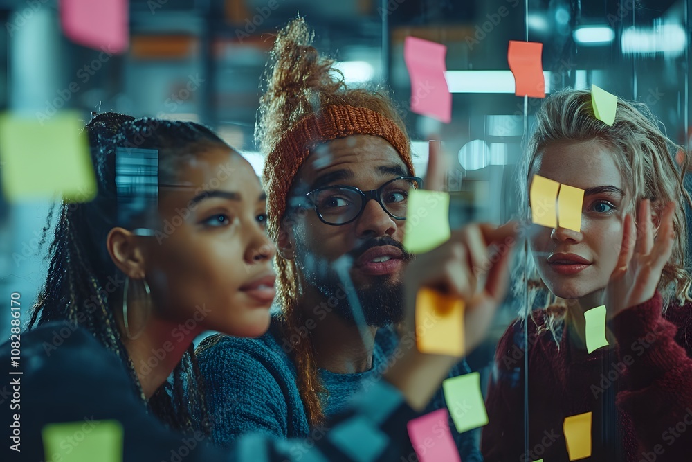 Obraz premium Team brainstorming and planning session with sticky notes, fostering collaboration and innovative ideas in a modern work environment