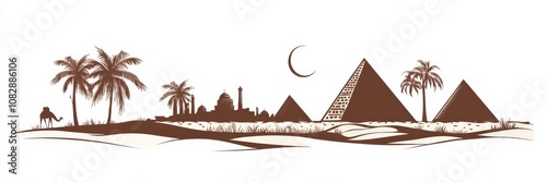 Egyptian landscape, pyramids, palm trees, camel, desert, Cairo.  Ancient wonders, serene beauty, travel destination.