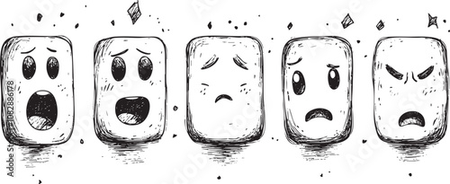 Five square-shaped emojis conveying various emotions through hand-drawn lines, from astonishment to frustration