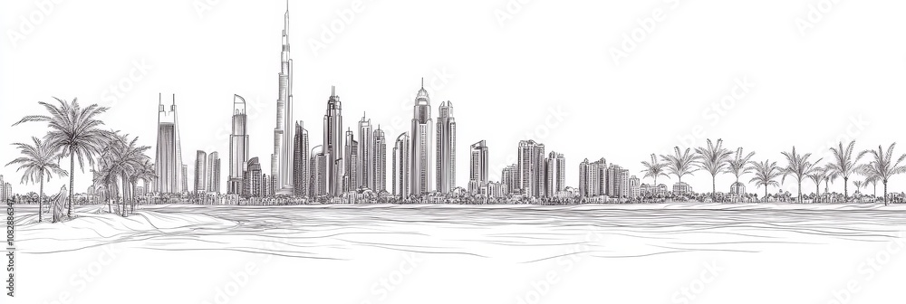 Fototapeta premium Elegant single-line drawing of Dubai's iconic cityscape, featuring skyscrapers, palm trees, and a tranquil waterfront. Modern, minimalist, elegant.