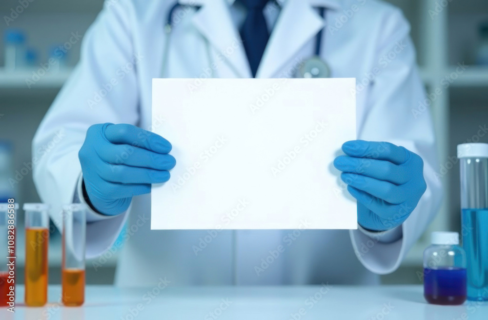 A laboratory technician in gloves displays a blank sheet between vibrant test tubes in a research setting A laboratory technician in gloves displays a blank sheet between vibrant test tubes in a research setting