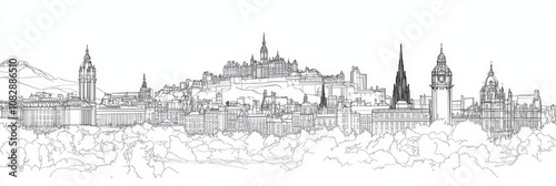 Elegant line art depicting Edinburgh's iconic skyline, capturing its history, architecture, and charm.  Cityscape, Scotland, buildings, hills, and art.