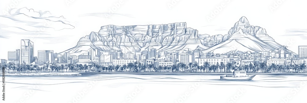 Fototapeta premium Stunning single-line art depicting Cape Town's iconic skyline, Table Mountain, city buildings, and ocean. Symbolizing travel, landscape, urban, art, and Africa.