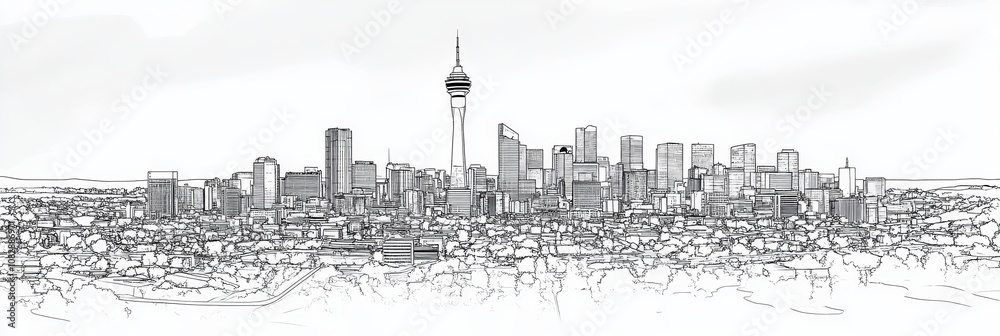 Fototapeta premium Elegant line art depicting Johannesburg's iconic skyline, showcasing modern architecture, urban landscape, and the city's unique character. Symbolizes growth, modernity, and South African identity.
