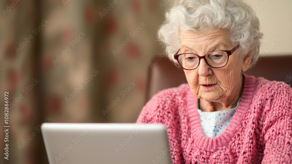 Senior woman engaged in learning to use computer for virtual communication home setting educational content indoor environment close-up view technology adoption Senior woman engaged in learning to use computer for virtual communication home setting educational content indoor environment close-up view technology adoption