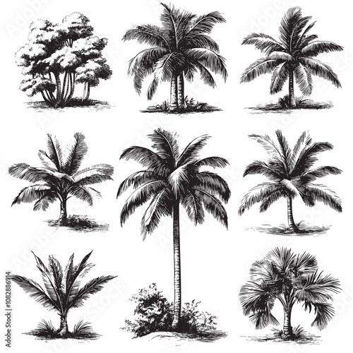 Detailed vintage botanical illustrations showcasing various palm tree species and tropical plants, evoking a classic natural history aesthetic