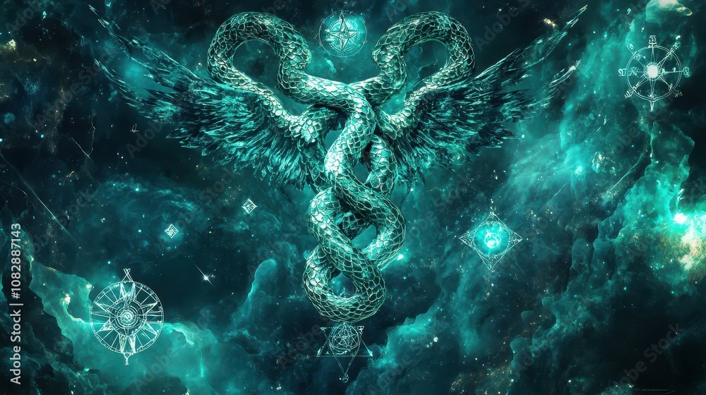 Intertwined Cosmic Serpents Forming a Caduceus: Zodiac Symbols and Healing Energies for Holistic Healthcare. High-Resolution Digital Background with Emerald and Platinum Accents. Intertwined Cosmic Serpents Forming a Caduceus: Zodiac Symbols and Healing Energies for Holistic Healthcare. High-Resolution Digital Background with Emerald and Platinum Accents.