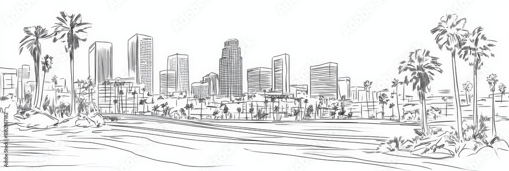 Elegant single line drawing of the Los Angeles skyline, palm trees, city buildings, urban landscape, California.