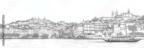 Elegant single-line drawing of Lisbon's cityscape, featuring historical buildings, a river, and a boat. Symbolizes travel, architecture, history, Portugal, and urban beauty.