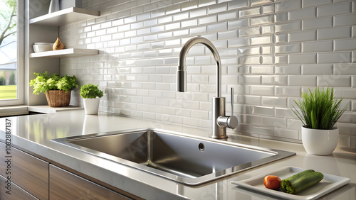 Silver Kitchen Sink and Smart Faucet with White Tile Wall. Perfect for: Kitchen Renovations, Technology Expos, Home Improvement Shows