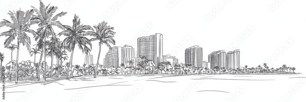 Naklejka premium Miami Beach cityscape, palm trees, ocean, single line drawing, minimalist art. Evokes relaxation, travel, and urban nature.