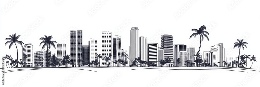 Fototapeta premium Minimalist Miami cityscape, palm trees, urban, architecture, Florida.