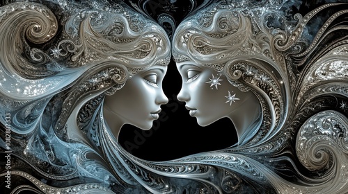 Gemini Twins Manifesting from Cosmic Serpents: Ethereal Digital Background with Binary Stars, Sacred Geometry, and Silver Accents for Twin Flame Spirituality. High-Resolution Design.