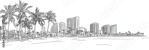 Miami Beach cityscape, palm trees, ocean, single line drawing, minimalist art. Evokes relaxation, travel, and urban nature.
