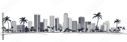 Minimalist Miami cityscape, palm trees, urban, architecture, Florida.