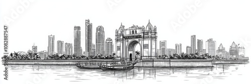 Elegant single-line drawing of Mumbai's iconic Gateway of India, cityscape, harbor, boats, and architecture.  Captures city's beauty, history, and modern aspects.