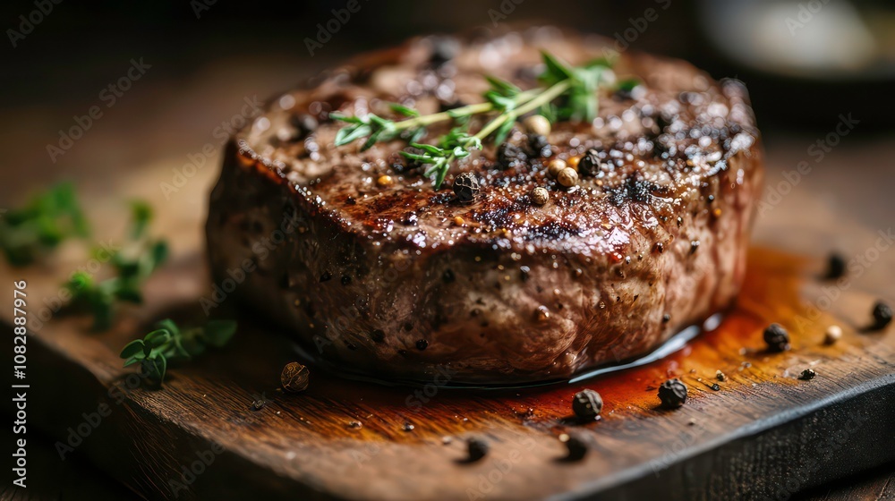 A perfectly cooked steak with a sprig of thyme on a wooden cutting board. A perfectly cooked steak with a sprig of thyme on a wooden cutting board.