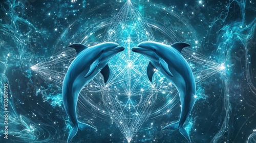 Dancing Cosmic Dolphins in Merkaba Star Fields: Liquid Light Effects with Aquamarine and Platinum Accents. Ideal for Sound Healing and Frequency Therapy Brands. High-Resolution Design.