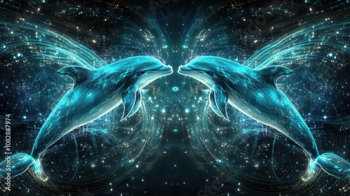 Dancing Cosmic Dolphins in Merkaba Star Fields: Liquid Light Effects with Aquamarine and Platinum Accents. Ideal for Sound Healing and Frequency Therapy Brands. High-Resolution Design.
