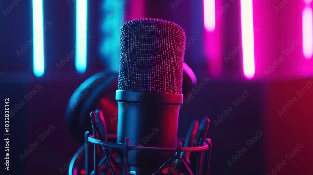 Close-up of a microphone and headphones for podcasting or ASMR sounds in a sound studio with neon led lights in cyan and magenta. Close-up of a microphone and headphones for podcasting or ASMR sounds in a sound studio with neon led lights in cyan and magenta.