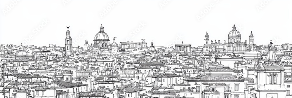 Elegant single-line drawing of Rome's cityscape, showcasing iconic buildings, historical architecture, Italian charm, and urban landscape. Elegant single-line drawing of Rome's cityscape, showcasing iconic buildings, historical architecture, Italian charm, and urban landscape.