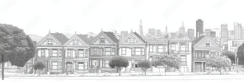 Fototapeta premium Elegant line art depicting the iconic San Francisco Painted Ladies Victorian houses, showcasing their architectural detail against the San Francisco skyline. Symbolizes history, architecture, beauty,