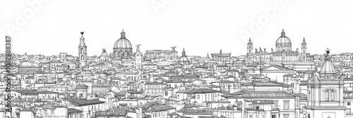 Elegant single-line drawing of Rome's cityscape, showcasing iconic buildings, historical architecture, Italian charm, and urban landscape.