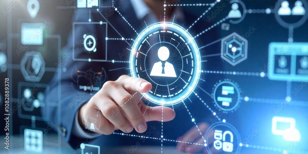 Businessman's finger touches digital interface, connecting to the global network Businessman's finger touches digital interface, connecting to the global network