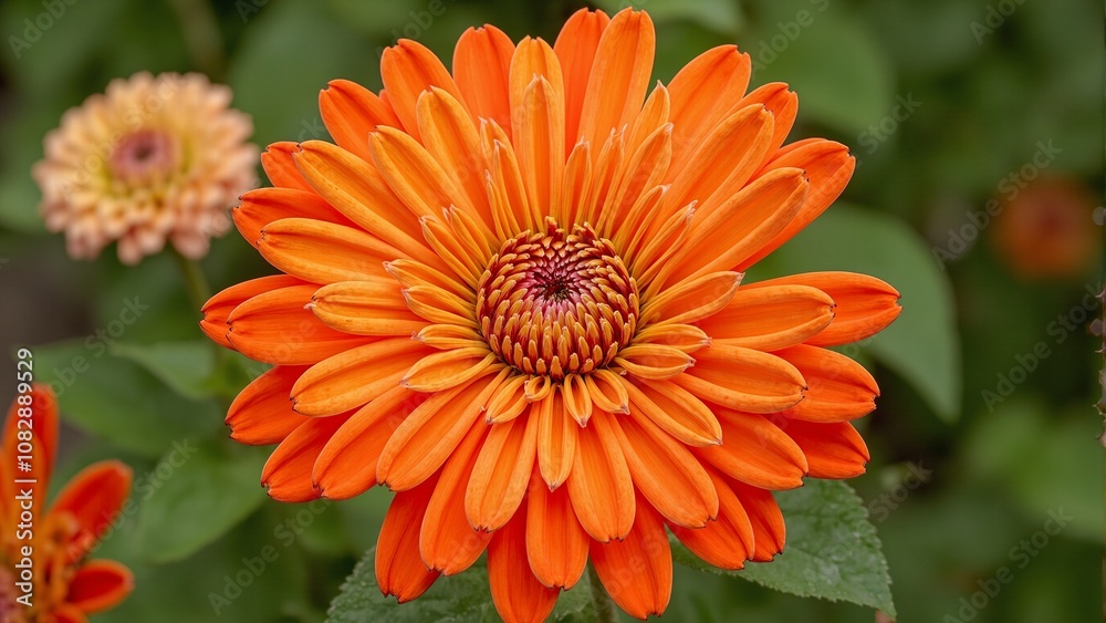 Vibrant orange zinnia with concentric petals in gradient shades detailed veins soft green background Vibrant orange zinnia with concentric petals in gradient shades detailed veins soft green background