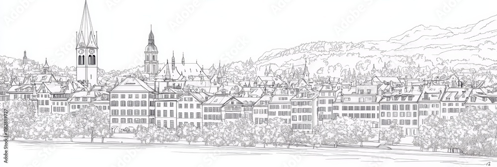Fototapeta premium Elegant line art drawing of Zurich, Switzerland cityscape, showcasing architecture, trees, and mountains. Captures city charm, Swiss landscape, and artistic simplicity.