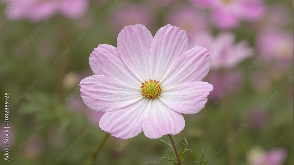 Pink cosmos flower macro with translucent petals golden stamens and soft green foliage background Pink cosmos flower macro with translucent petals golden stamens and soft green foliage background