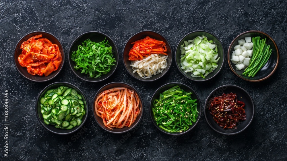 Colorful array of fresh vegetables and pickles culinary art kitchen indoor top-down view food preparation Colorful array of fresh vegetables and pickles culinary art kitchen indoor top-down view food preparation