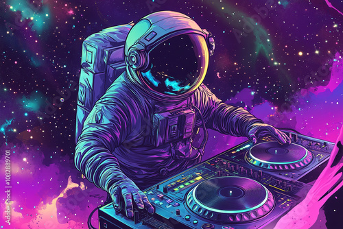 Vector illustration of astronaut surrounded by aurora borealis while djing, milky way spinning on turntables, neon colors.