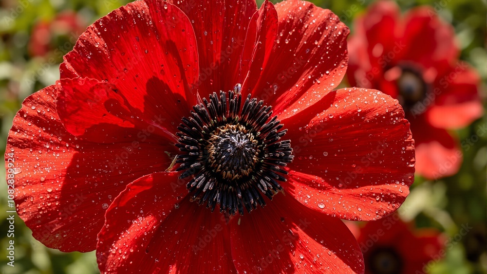 Vibrant red anemone with velvety petals dark stamens and dewdrops set in a lush garden backdrop Vibrant red anemone with velvety petals dark stamens and dewdrops set in a lush garden backdrop