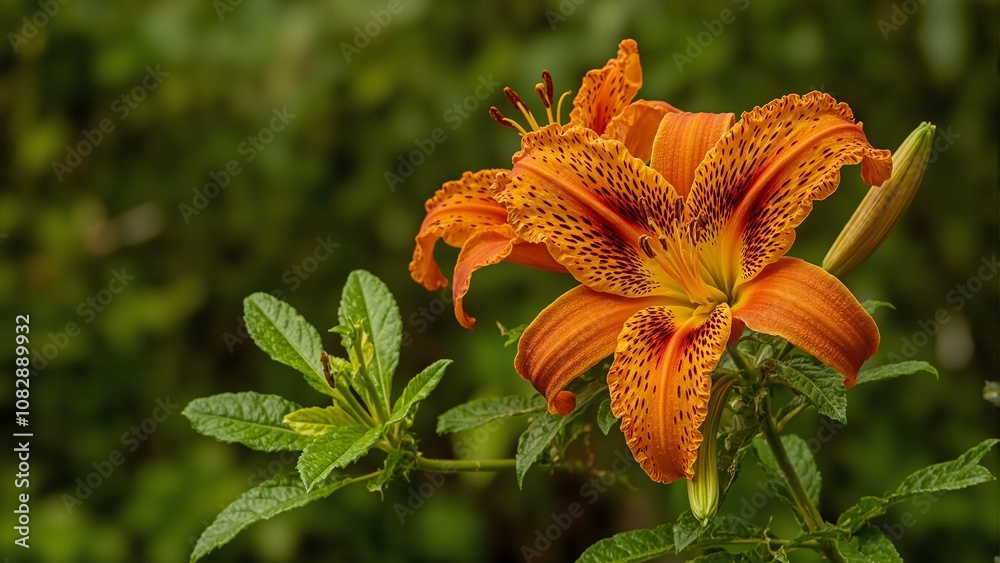 Beautiful orange tiger lily in full bloom on blurred green background Beautiful orange tiger lily in full bloom on blurred green background