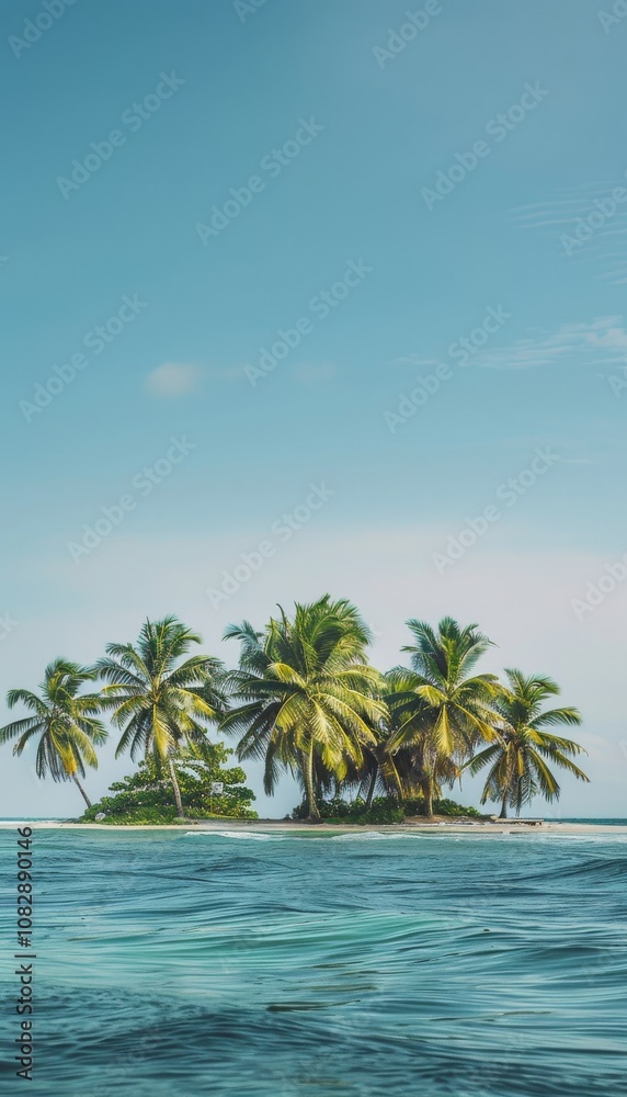 A serene tropical island with palm trees swaying gently on the shoreline, perfect for travel A serene tropical island with palm trees swaying gently on the shoreline, perfect for travel