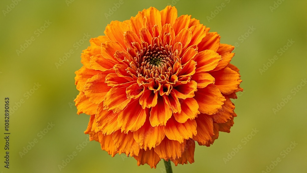 Vibrant orange marigold bloom with frilled petals and red accents set against soft green background Vibrant orange marigold bloom with frilled petals and red accents set against soft green background