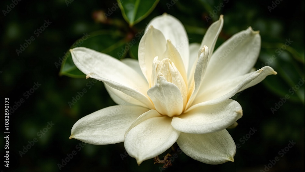 Magnolia blossom with creamy petals and yellow center on green background Magnolia blossom with creamy petals and yellow center on green background