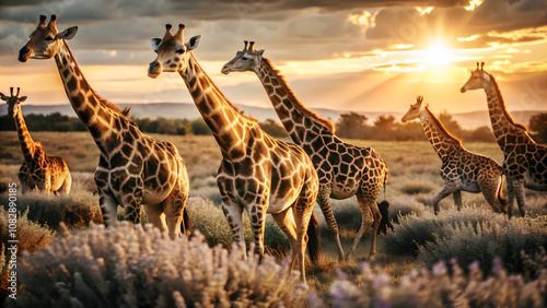 Giraffes in Lavender Field at Sunset. Perfect for: Wildlife Tours, Safari Holidays, Nature Documentaries