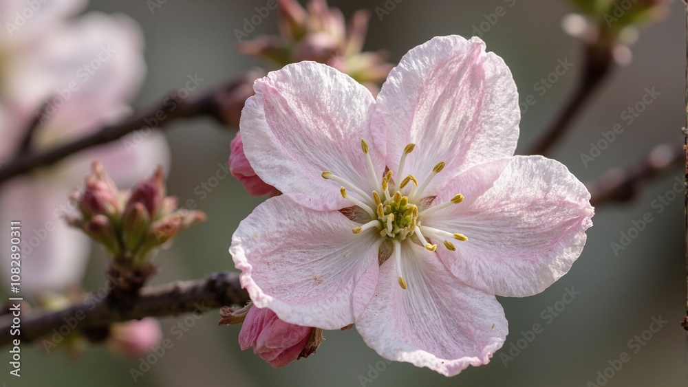 Delicate cherry blossom in bloom with pink petals fading to white adorned with yellow stamens