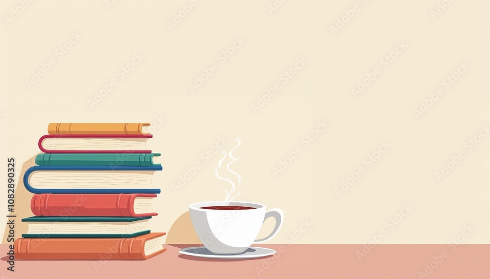 Flat illustration of book stack and tea cup Flat illustration of book stack and tea cup