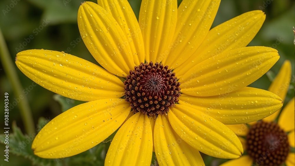 Vibrant yellow daisy with dew drops detailed brown center and soft green foliage background