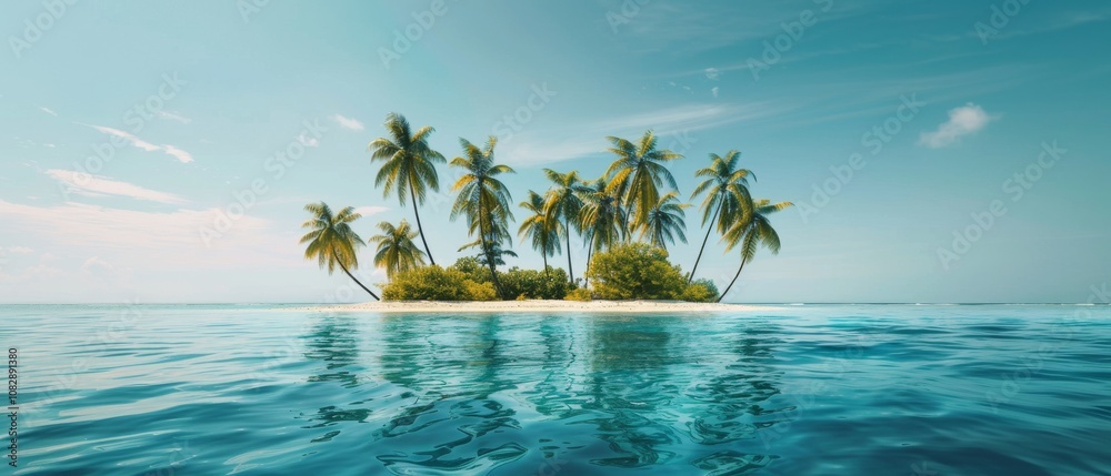 Obraz premium A tranquil tropical island with palm trees along shore, offering plenty of blank space for text