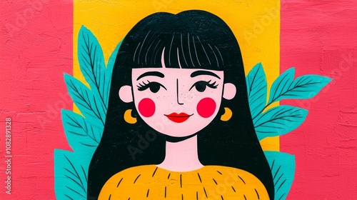 Creative portrait of a young woman with vibrant colors art mural background graphic illustration urban environment close-up view expressing diversity and identity photo