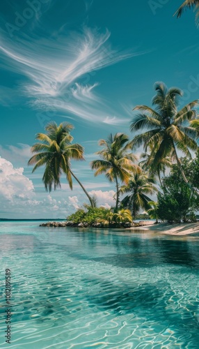 Tropical island paradise with palm trees, clear blue water, a tranquil, serene atmosphere