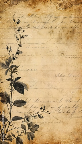 Vintage love letter with elegant handwritten script, adorned with delicate flowers, leaves, branches